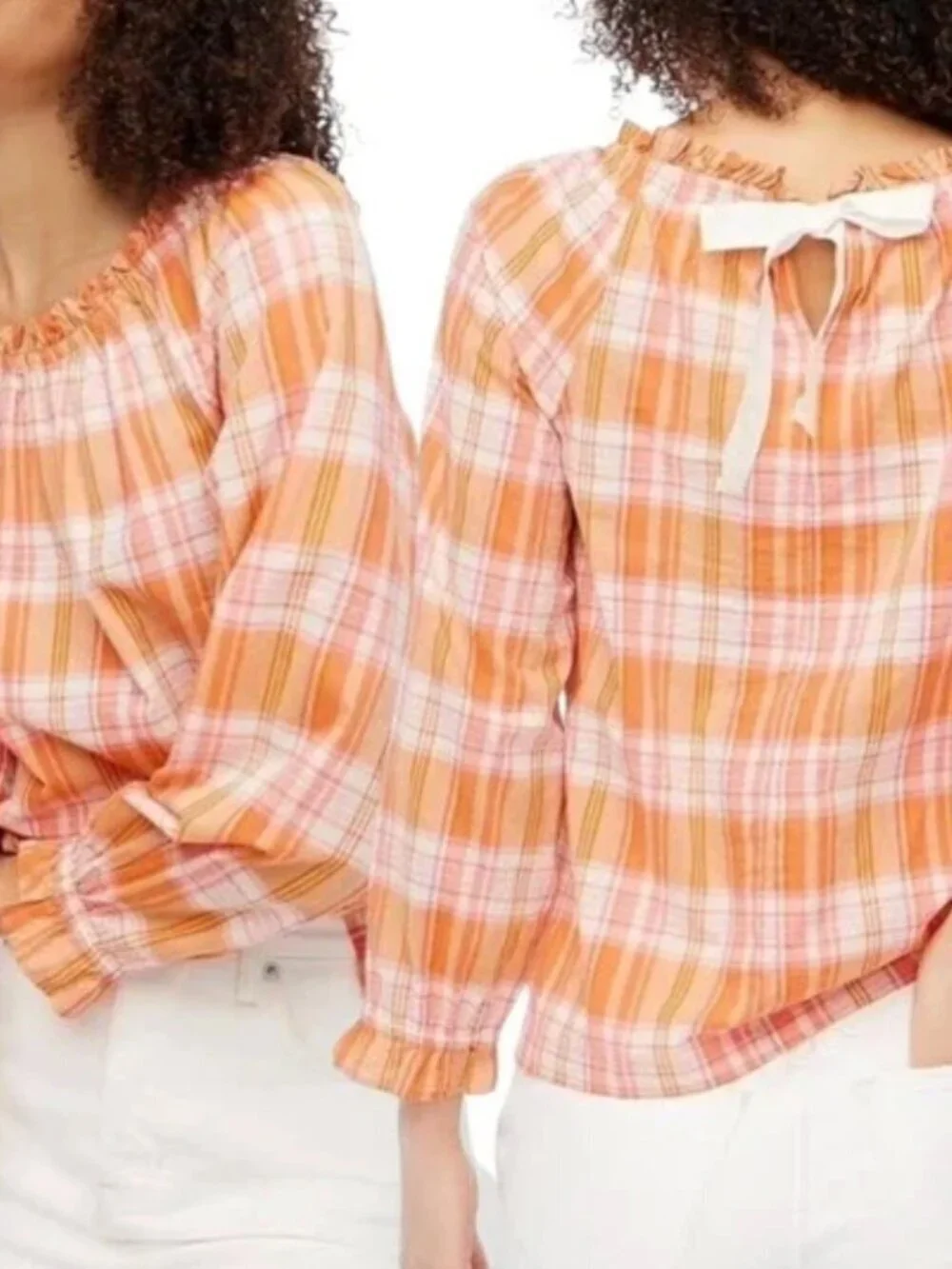 J. Crew Orange Madras Plaid Ruffle Tie-Back Cotton Gauzy Top Sz M Preppy Prep